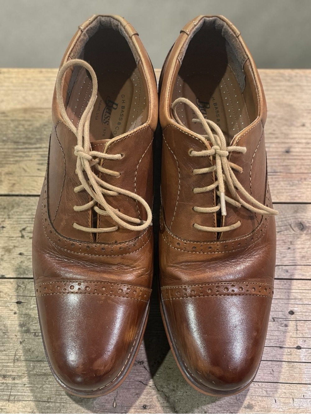 Bass Brown Leather Cap-Toe Oxfords with‎ Tan Laces Men’s Size 11